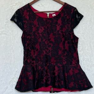 Love Rocks Red and Black Short Sleeve Lace Top